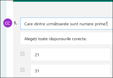 Inițialele colaboratorului afișate lângă întrebarea testului