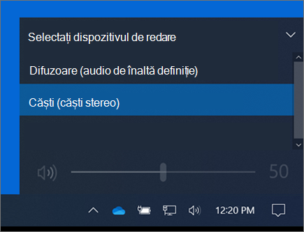 Selecția dispozitivului de redare pe controlul volumului de pe bara de activități.