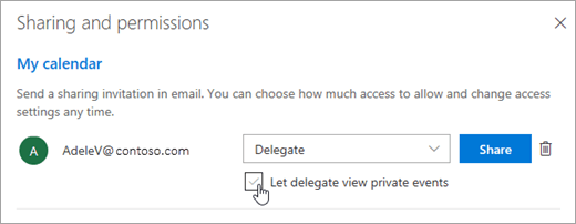 Captură de ecran a casetei de selectare Permiteți ca delegatul să vadă evenimente private