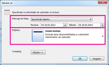 salvare calendar - alegeți detalii