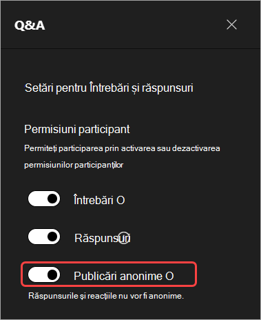 Captură de ecran evidențiind interfața utilizator pentru a ascunde numele participanților în Q&A