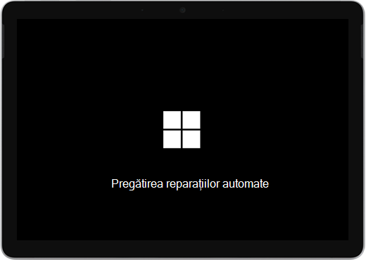 Un ecran negru cu sigla Windows și un text care spune "Se pregătește repararea automată".