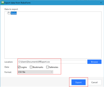 Desktop Roboform export dialog box