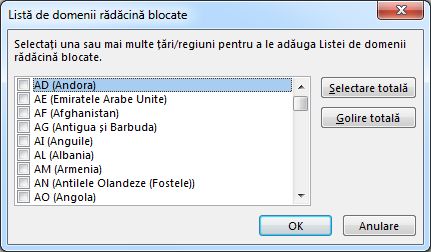 Caseta de dialog Listă de domenii rădăcină blocate