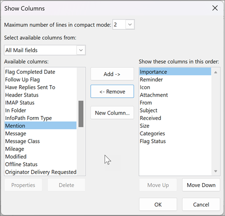 Vizualizarea setărilor pentru coloane în Outlook