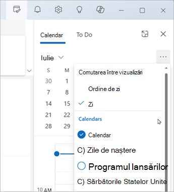 Selectați Comutare vizualizări pentru a afișa vizualizarea Agendă sau vizualizarea Zi. Iată unde puteți alege și ce calendare să afișați.