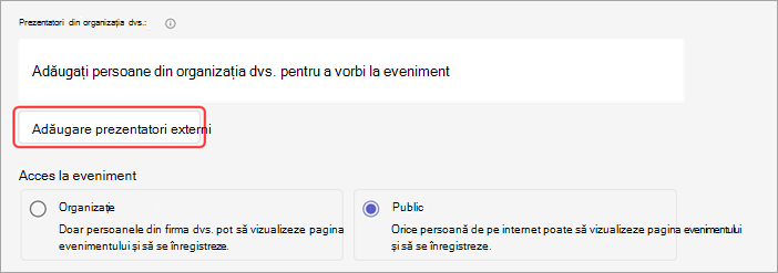 Captură de ecran care arată cum să adăugați prezentatori externi la un webinar