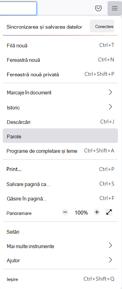 Meniul principal din Firefox cu opțiunea Parole selectată.