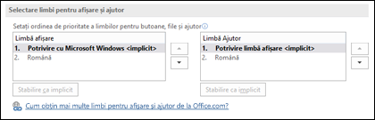 Caseta de dialog care vă permite să selectați limba pe care Office o va utiliza pentru butoane, meniuri și ajutor.