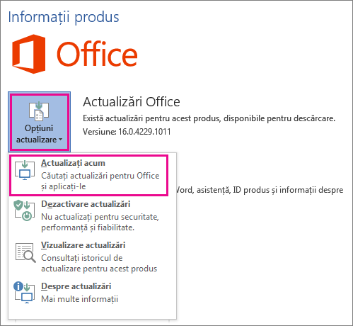 Căutarea manuală a actualizărilor Office în Word 2016