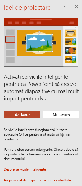 Afișează mesajul inițial care apare atunci când se invocă PowerPoint Designer