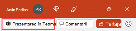 Butonul Prezentare în Teams