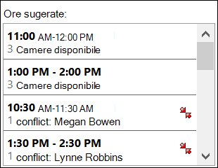 Utilizați selectorul Ore sugerate pentru a vedea când sunt disponibili participanții.