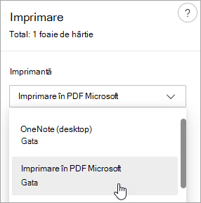 Captură de ecran afișând selecția Imprimare în PDF Microsoft