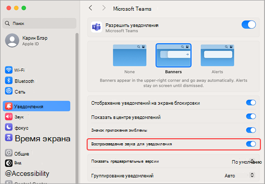 Настройка Mac воспроизведения звуков Teams