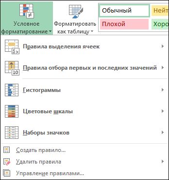 Меню "Условное форматирование" с выделенным пунктом "Управление правилами"