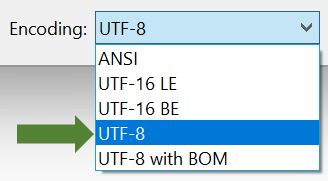 UTF-8 в раскрывающемся списке Кодировка в Блокноте.