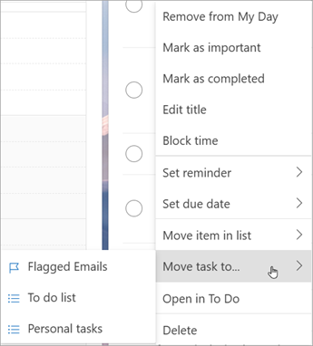 Нажмите и удерживайте (или щелкните правой кнопкой мыши), чтобы открыть контекстное меню. Выберите Переместить задачи в ... и выберите список, в который нужно переместить задачу.