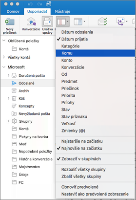 Kliknutím na položky Zoradiť > Usporiadať podľa > a výberom možností zo zoznamu môžete svoju poštu triediť rôznymi spôsobmi.