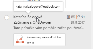 Snímka obrazovky s kurzorom nad menom odosielateľa