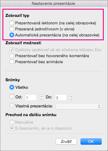 Možnosti pre Typ prezentácie