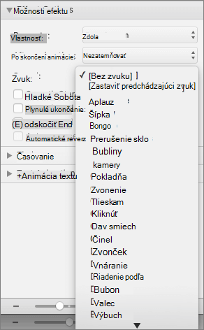 Snímka obrazovky zobrazujúca časť Možnosti efektu na table Animácie spolu s rozbalenou ponukou Zvuk.