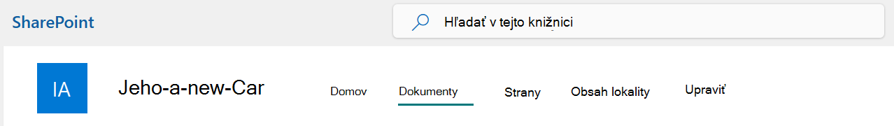 Ponuka horného panela lokality SharePoint s vybratou možnosťou Dokumenty.