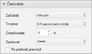 Snímka obrazovky zobrazujúca časť Časovanie na table Animácie spolu s možnosťami Spustiť, Trvanie, Oneskorenie a Opakovanie a začiarkavacím políčkom pri položke Po prehratí previnúť.