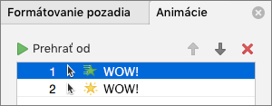 Nastavenie možností animácie na table Vlastnosti