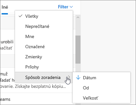 Filtrovanie e-mailu v Outlooku na webe