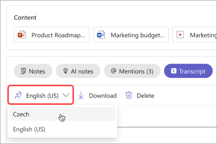 Snímka obrazovky znázorňujúca zmenu jazyka prepisu v zhrnúť schôdzu.