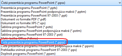 Zoznam typov súborov v PowerPointe obsahuje výraz PowerPoint Show (.ppsx).