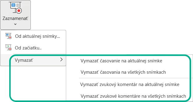 Príkazy Vymazať v tlačidle ponuky Zaznamenať prezentáciu v PowerPointe.