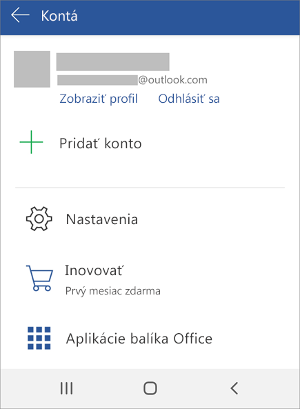 Zobrazuje možnosť Odhlásiť sa z Office v zariadení s Androidom