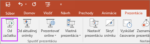 Zobrazuje tlačidlo Od začiatku na karte Prezentácia v PowerPointe