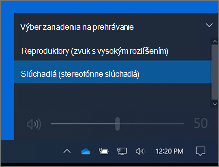 Výber prehrávacieho zariadenia na ovládacom prvku hlasitosti na paneli úloh.