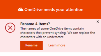 Snímka obrazovky s oznámením Premenovať v počítačovej aplikácii na synchronizáciu OneDrivu