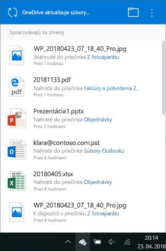 Obrazovka spracovania zmien vo OneDrive