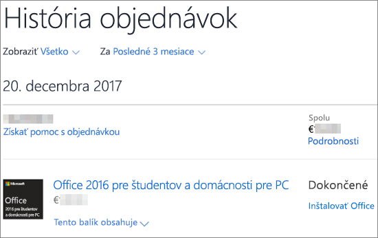 Zobrazí stránku História objednávok v Microsoft Store