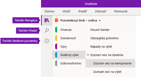 Navigačný panel vo OneNote pre Windows 10