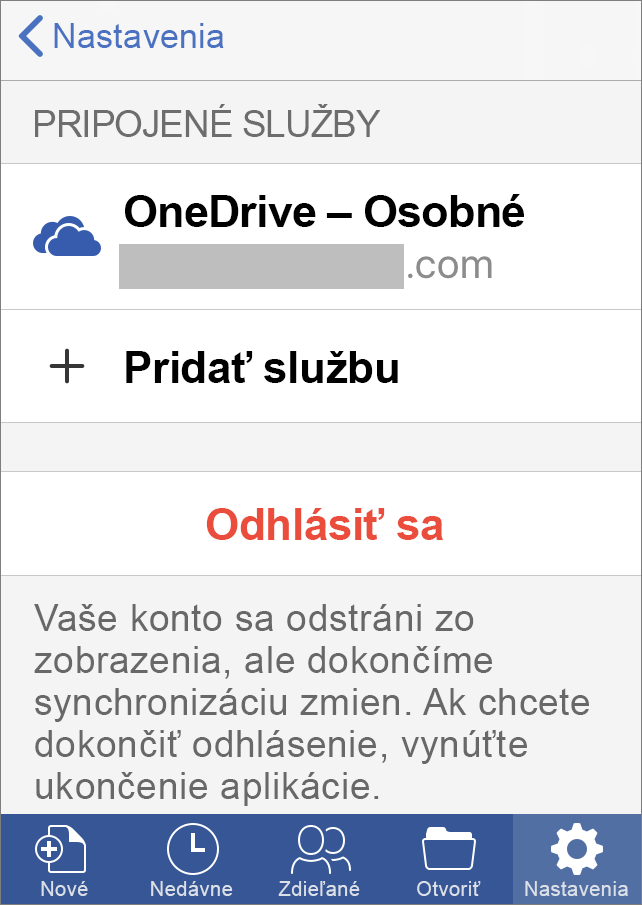 Zobrazuje možnosť Odhlásiť sa v Office pre iOS