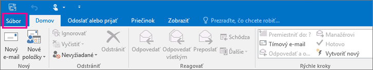 Takto vyzerá pás s nástrojmi v Outlooku 2016.
