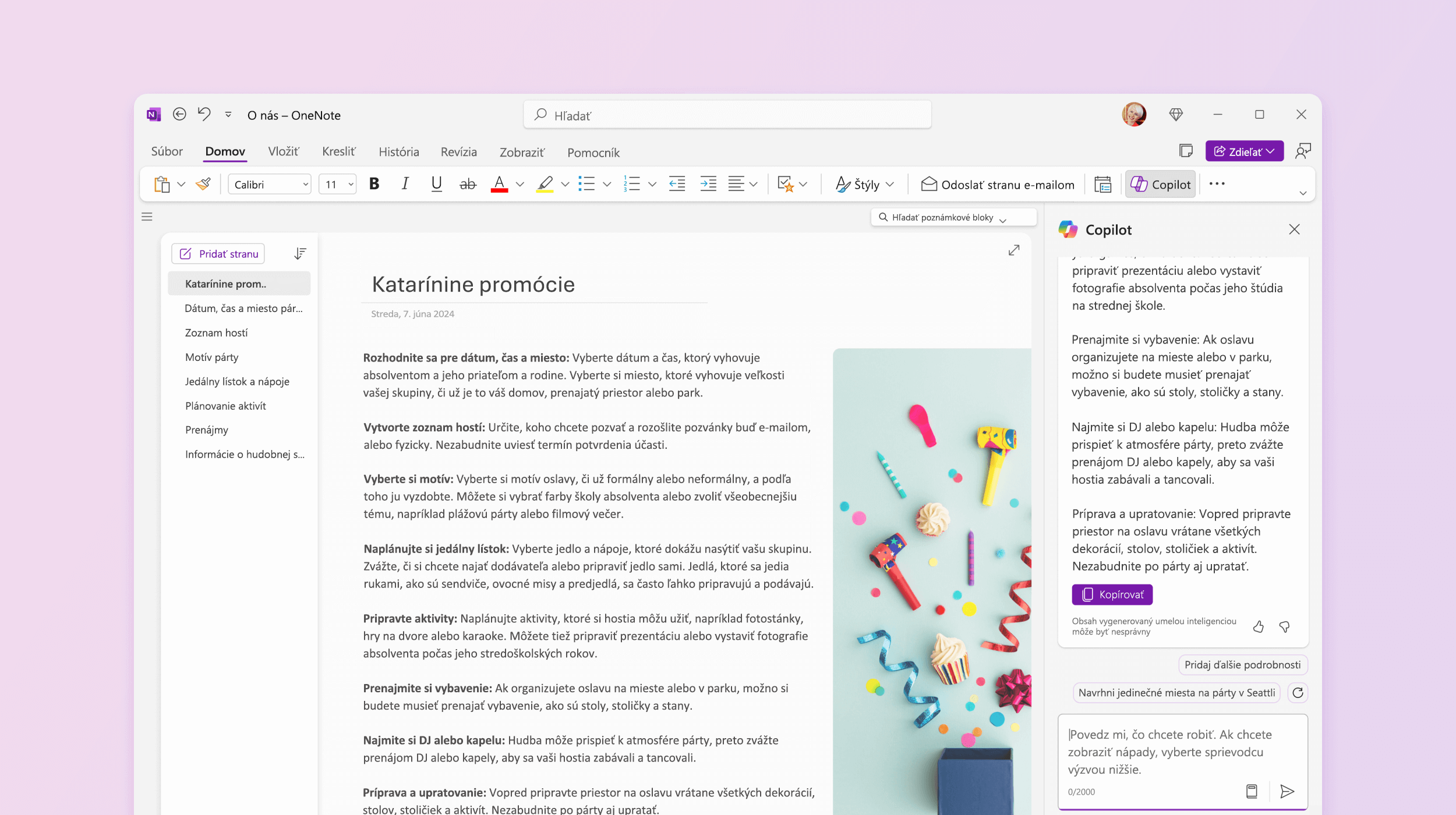 Snímka obrazovky znázorňuje Copilota vo OneNote s návrhmi na vyskúšanie.