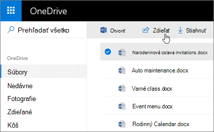 Snímka obrazovky s vybratým súborom a tlačidlom Zdieľať vo OneDrive.