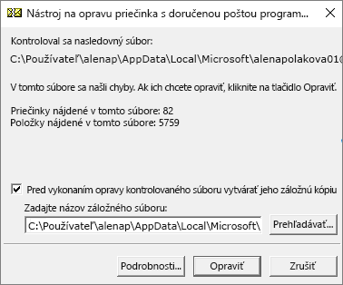 Zobrazujú sa výsledky naskenovaného údajového súboru .pst Outlooku pomocou nástroja na opravu priečinka s doručenou poštou od spoločnosti Microsoft, SCANPST. EXE