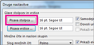 Kliknite »Pisava stolpca«, nato pa izberite želene možnosti.