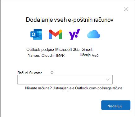 Pogovorno okno »Dodaj račun« v novem Outlooku za Windows