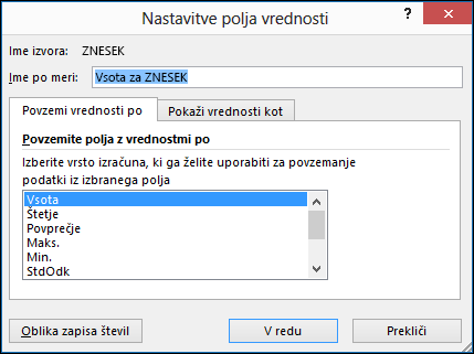 Pogovorno okno z nastavitvami Excelovega polja z vrednostmi za možnosti »Povzemi vrednosti po«