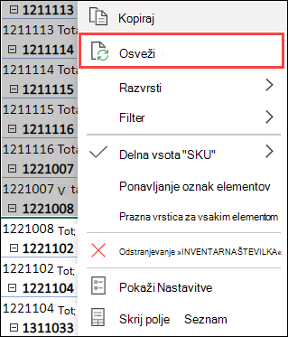 Osvežitev vrtilne tabele