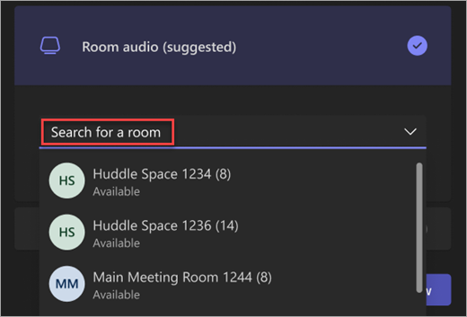 Posnetek zaslona iskalne vrstice za možnost zvoka sobe na prejoinskem zaslonu srečanja v aplikaciji Teams.